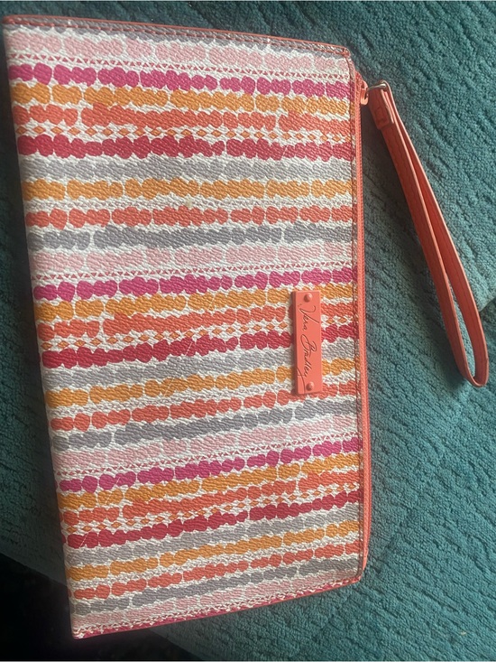 Vera Bradley Handbags - Vera Bradley Pink Coral Orange Gray Stripe Wristlet Clutch